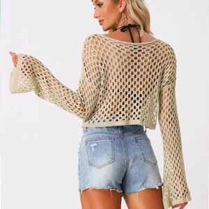 Beige Hollow Out Bell Sleeve Crop Top - NEW
